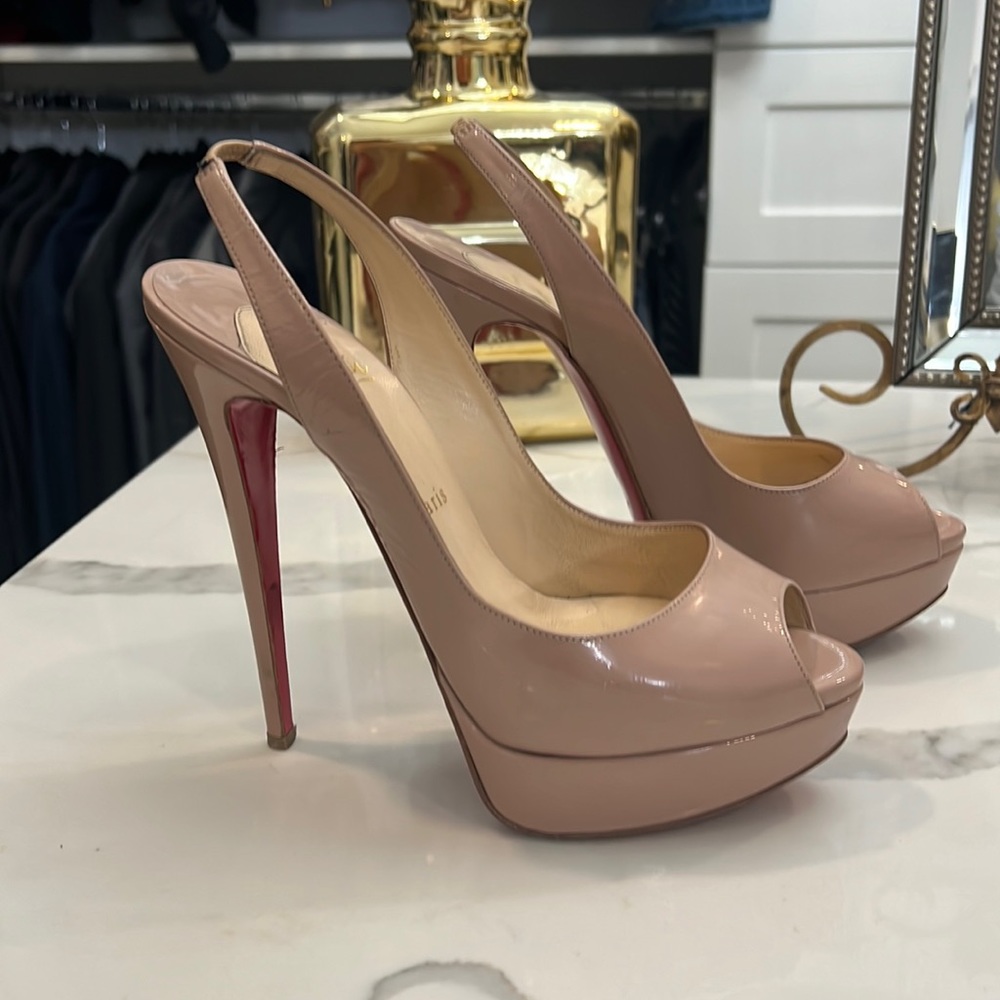 Christian Louboutin Nude Patent Peep-Toe Slingback Platforms with Red Soles